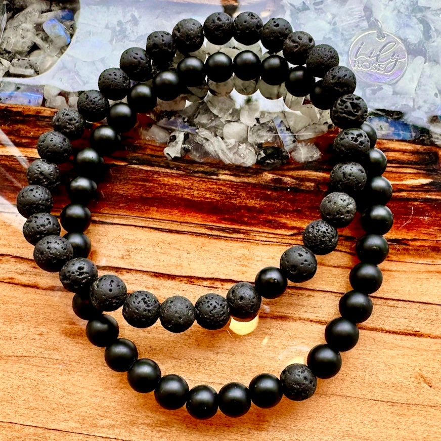 Lava & Black Onyx Couples Bracelet 6mm Stretch Matching Set – Lily