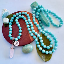 Load image into Gallery viewer, New & Only 2! Super Limited! Peruvian Amazonite Deep Teal Divine Soul Protector & DF/DM Energetic Alignment 108 Hand Knotted Mala with Point Charm Pendant Necklace
