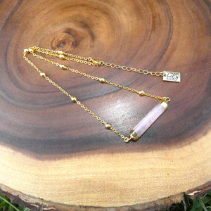 Minimalist Rose Quartz Rounded Bar Pendant Choker 14" + 2" Gold Necklace