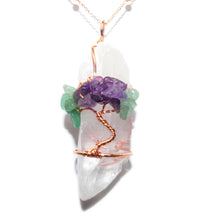 Load image into Gallery viewer, Tree of Life Wire Wrapped Amethyst Green Aventurine Healing Crystal Clear Quartz Raw Pendant 30” Rose Gold Necklace