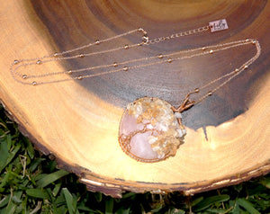 Tree of Life Wire Wrapped Rose Quartz Citrine Healing Crystal Circle Pendant 30” Rose Gold Necklace