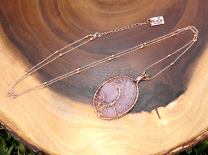 Tree of Life Oval Rose Quartz Wire Wrapped Large Pendant 30” Rose Gold Necklace
