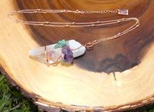 Load image into Gallery viewer, Tree of Life Wire Wrapped Amethyst Green Aventurine Healing Crystal Clear Quartz Raw Pendant 30” Rose Gold Necklace