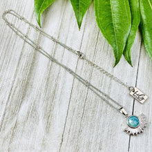 Load image into Gallery viewer, Amazonite Ray of Light Sunburst Courage Sun Pendant 18” White Gold Necklace