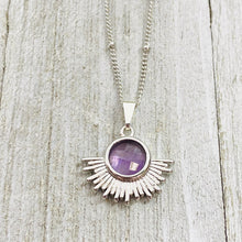 Load image into Gallery viewer, Amethyst Ray of Light Sunburst Intuition Sun Pendant 18” White Gold Necklace