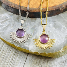 Load image into Gallery viewer, Amethyst Ray of Light Sunburst Intuition Sun Pendant 18” White Gold Necklace