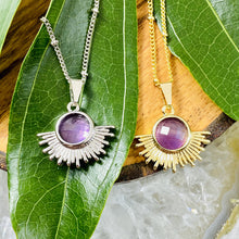 Load image into Gallery viewer, Amethyst Ray of Light Sunburst Intuition Sun Pendant 18” Gold Necklace