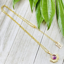 Load image into Gallery viewer, Amethyst Ray of Light Sunburst Intuition Sun Pendant 18” Gold Necklace