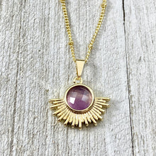Load image into Gallery viewer, Amethyst Ray of Light Sunburst Intuition Sun Pendant 18” Gold Necklace