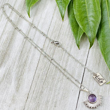 Load image into Gallery viewer, Amethyst Ray of Light Sunburst Intuition Sun Pendant 18” White Gold Necklace