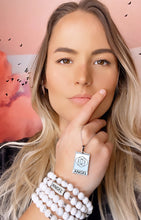 Load image into Gallery viewer, Just Restocked! Elizabeth April EA Angel 2 Sided Channeled & Attuned Evil Eye Protection Cosmic Species Sacred Geometry Card Tag Pendant 18” White Gold Necklace