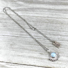 Load image into Gallery viewer, Aquamarine Ray of Light Sunburst Purity Sun Pendant 18” White Gold Necklace