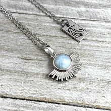 Load image into Gallery viewer, Aquamarine Ray of Light Sunburst Purity Sun Pendant 18” White Gold Necklace