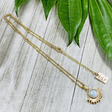 Load image into Gallery viewer, Aquamarine Ray of Light Sunburst Purity Sun Pendant 18” Gold Necklace
