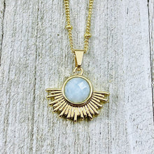 Load image into Gallery viewer, Aquamarine Ray of Light Sunburst Purity Sun Pendant 18” Gold Necklace