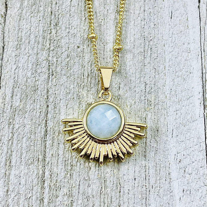 Aquamarine Ray of Light Sunburst Purity Sun Pendant 18” Gold Necklace