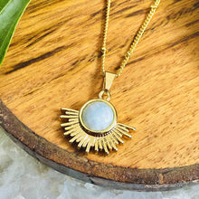 Load image into Gallery viewer, Aquamarine Ray of Light Sunburst Purity Sun Pendant 18” Gold Necklace