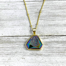 Load image into Gallery viewer, Rainbow Titanium Aura Quartz White Druzy Inclusion Agate Gemstone Pendant 18" Gold Necklace