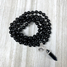 Load image into Gallery viewer, Black Onyx Spiritual Warrior Strength 108 Hand Knotted Mala with Point Charm Pendant Necklace