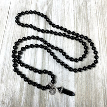 Load image into Gallery viewer, Black Onyx Spiritual Warrior Strength 108 Hand Knotted Mala with Point Charm Pendant Necklace