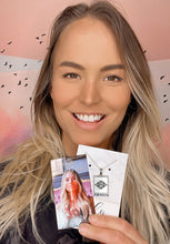 Load image into Gallery viewer, Elizabeth April EA Awaken 2 Sided Channeled & Attuned Evil Eye Protection Cosmic Species Sacred Geometry Card Tag Pendant 18” Gold Necklace