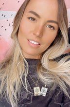 Load image into Gallery viewer, Elizabeth April EA Grey Zeta 2 Sided Channeled & Attuned Evil Eye Protection Cosmic Species Sacred Geometry Card Tag Pendant 18” Gold Necklace