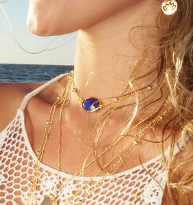 Faceted Gemstone Oval Lapis Lazuli Pendant Choker 14" + 2" Gold Necklace
