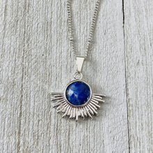 Load image into Gallery viewer, Lapis Lazuli Ray of Light Sunburst Awakening Sun Pendant 18” White Gold Necklace