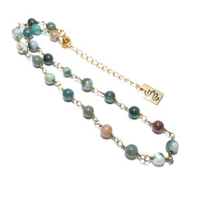 Load image into Gallery viewer, Minimalist Indian Agate 6mm Beaded Rosary Chain Wire Wrapped Choker 12" + 2" Gold Necklace