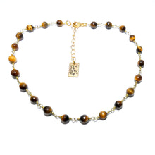 Load image into Gallery viewer, Minimalist Tigers Eye 6mm Beaded Rosary Chain Wire Wrapped Choker 12" + 2" Gold Necklace