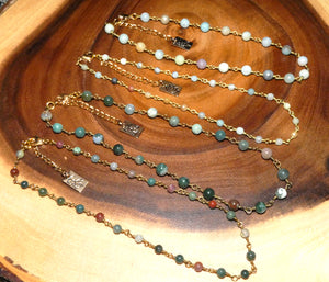 Minimalist Indian Agate 4mm Beaded Rosary Chain Wire Wrapped Choker 12" + 2" Gold Necklace