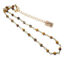 Load image into Gallery viewer, Minimalist Tigers Eye 4mm Beaded Rosary Chain Wire Wrapped Choker 12" + 2" Gold Necklace