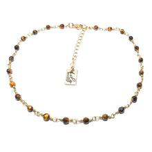 Load image into Gallery viewer, Minimalist Tigers Eye 4mm Beaded Rosary Chain Wire Wrapped Choker 12" + 2" Gold Necklace