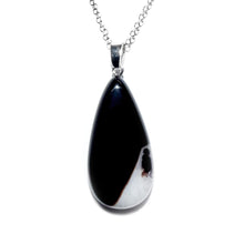 Load image into Gallery viewer, Simple &amp; Polished Black Lace Agate Teardrop Crystal Pendant 18” White Gold Necklace