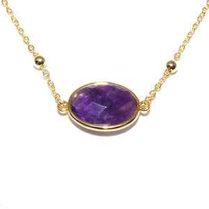Faceted Gemstone Oval Amethyst Pendant Choker 14" + 2" Gold Necklace