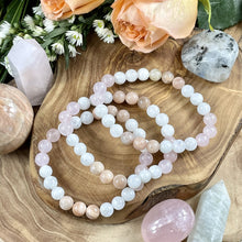 Load image into Gallery viewer, Triple Power Rainbow Moonstone, Peach Moonstone, Rose Quartz Inward Journey of Love Premium Collection 8mm Stretch Bracelet