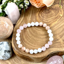 Load image into Gallery viewer, Triple Power Rainbow Moonstone, Peach Moonstone, Rose Quartz Inward Journey of Love Premium Collection 8mm Stretch Bracelet