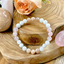 Load image into Gallery viewer, Triple Power Rainbow Moonstone, Peach Moonstone, Rose Quartz Inward Journey of Love Premium Collection 8mm Stretch Bracelet