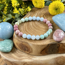Load image into Gallery viewer, Limited Edition Triple Power Aquamarine, Rhodonite, Amazonite Rebirth Tranquility 8mm Stretch Bracelet