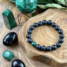 Load image into Gallery viewer, Malachite Matte Black Onyx Duo Spiritual Warrior Heart Activation 10mm Stretch Bracelet