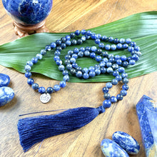 Load image into Gallery viewer, Sodalite Harmony 108 Hand Knotted Mala with Tassel Necklace
