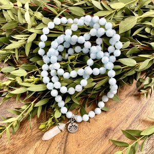 Aquamarine Conscious Awareness Relaxation 108 Hand Knotted Mala with Point Charm Pendant Necklace