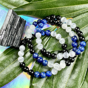 Triple Power Black Tourmaline, Selenite, & Kyanite Security & Spiritual Cleanse Premium Collection 8mm Stretch Bracelet