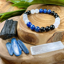 Load image into Gallery viewer, Triple Power Black Tourmaline, Selenite, & Kyanite Security & Spiritual Cleanse Premium Collection 10mm Stretch Bracelet
