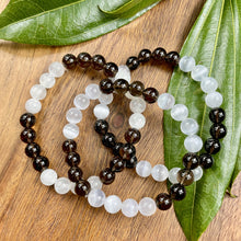 Load image into Gallery viewer, Smoky Quartz Selenite Satin Spar DUO Cloak of Strength Premium Collection 8mm Stretch Bracelet