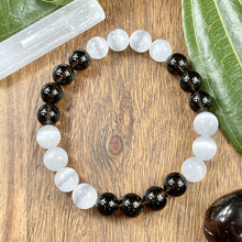 Load image into Gallery viewer, Smoky Quartz Selenite Satin Spar DUO Cloak of Strength Premium Collection 10mm Stretch Bracelet
