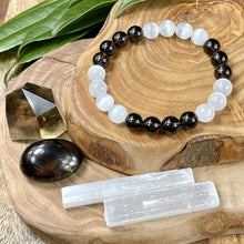 Load image into Gallery viewer, Smoky Quartz Selenite Satin Spar DUO Cloak of Strength Premium Collection 10mm Stretch Bracelet