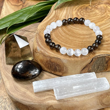 Load image into Gallery viewer, Smoky Quartz Selenite Satin Spar DUO Cloak of Strength Premium Collection 8mm Stretch Bracelet