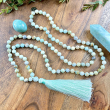 Load image into Gallery viewer, Australian Amazonite Clarity 108 Hand Knotted Mala with Green Tassel Necklace