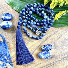 Load image into Gallery viewer, Sodalite Harmony 108 Hand Knotted Mala with Tassel Necklace